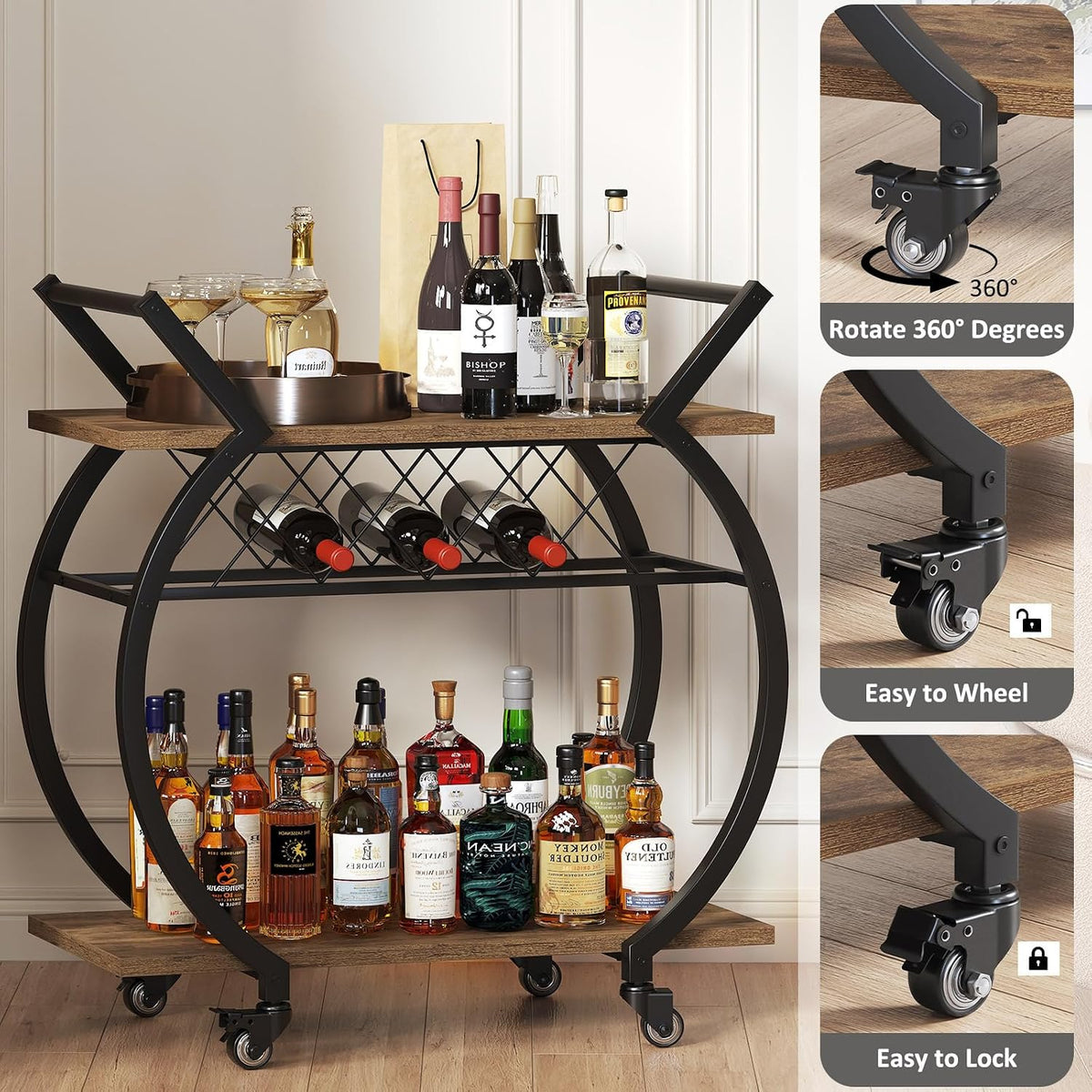 LVB Industrial Bar Cart, Beverage Serving Cart with Wheels, Rustic Brown