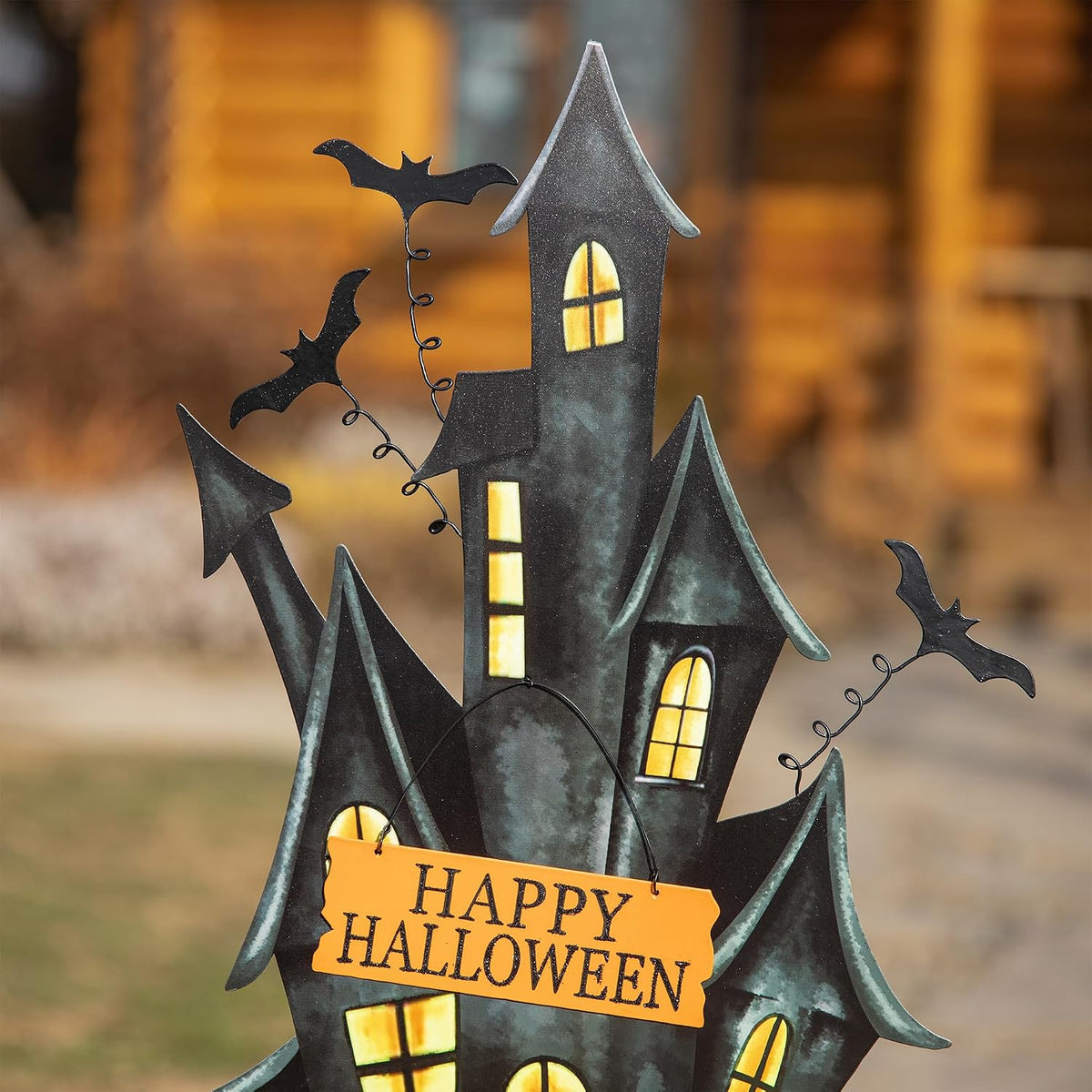 Glitzhome 32" H Halloween Metal Haunted House Yard Stake/Hanging Decor,H...
