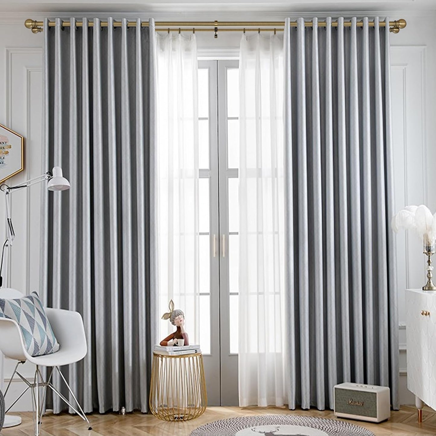 Antique Bronze Double Curtain Rods 36-72 Inch,1’’Front and 5/8’’Back Double Drapery Rod with Small Round Ball and Aluminum Brackets, Adjustable Dual Window Rod for Sheer/Blackout Curtains