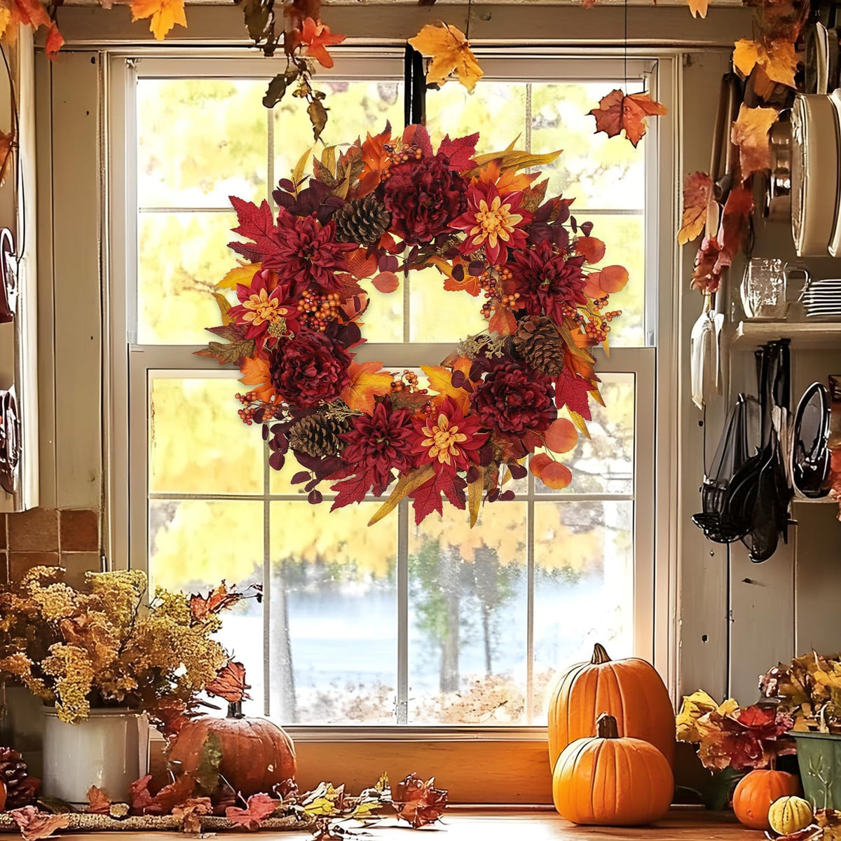 24" Artificial Fall Floral Wreath for Front Door Autumn Wreath with Peon...