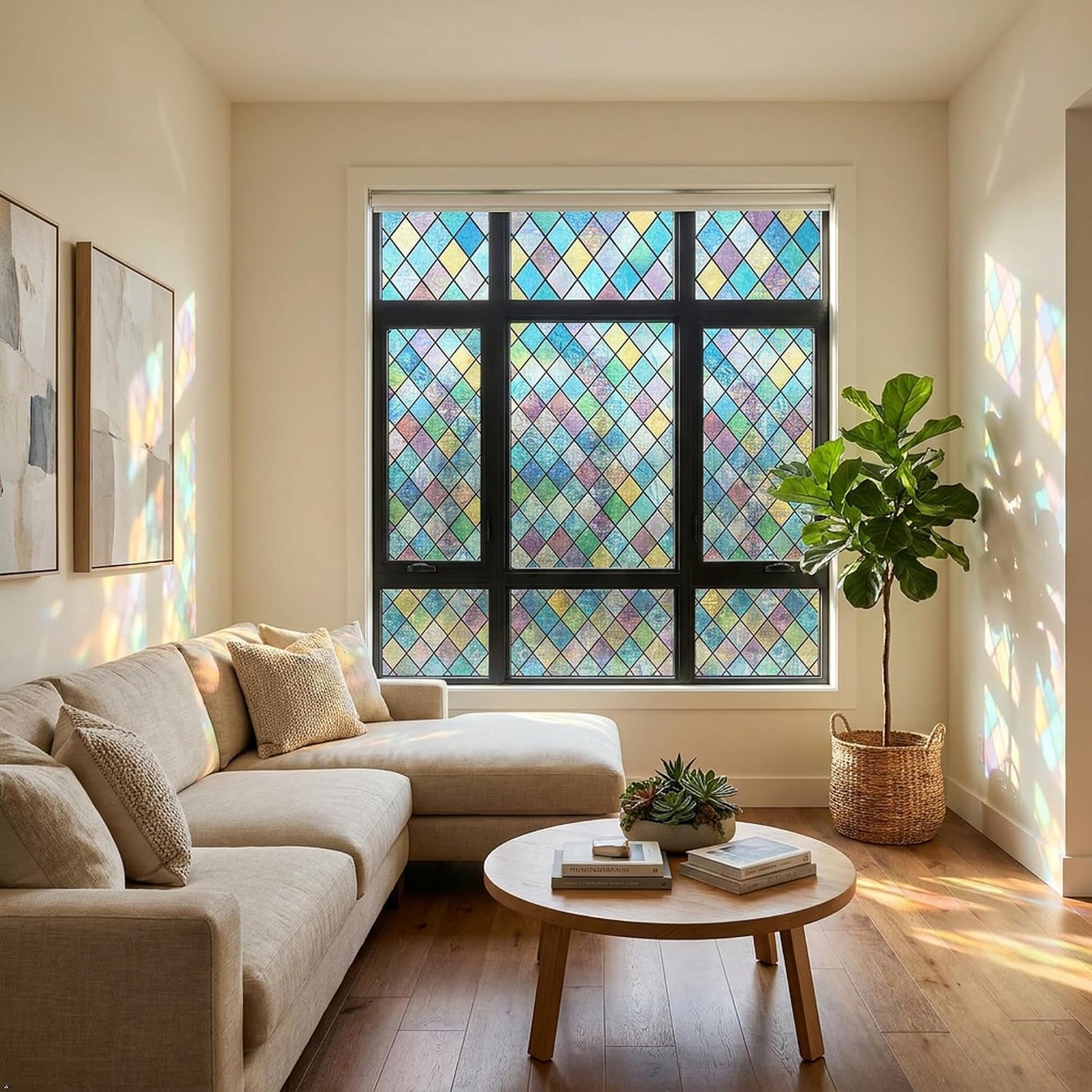 Stained Glass Window Film, Colorful Geometric Diamond, 17.5"x 78.7" | Blocks Clear View, Casts Soft Rainbow Light | Static Cling, No Glue, Residue-Free | UV Blocking, Reusable | For Home & Office