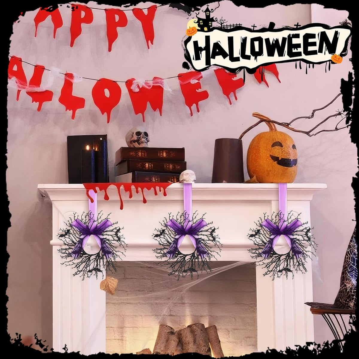 Suncalla 6 Pack Mini Halloween Cabinet Wreaths 9.8 Inch with Purple Ribbon