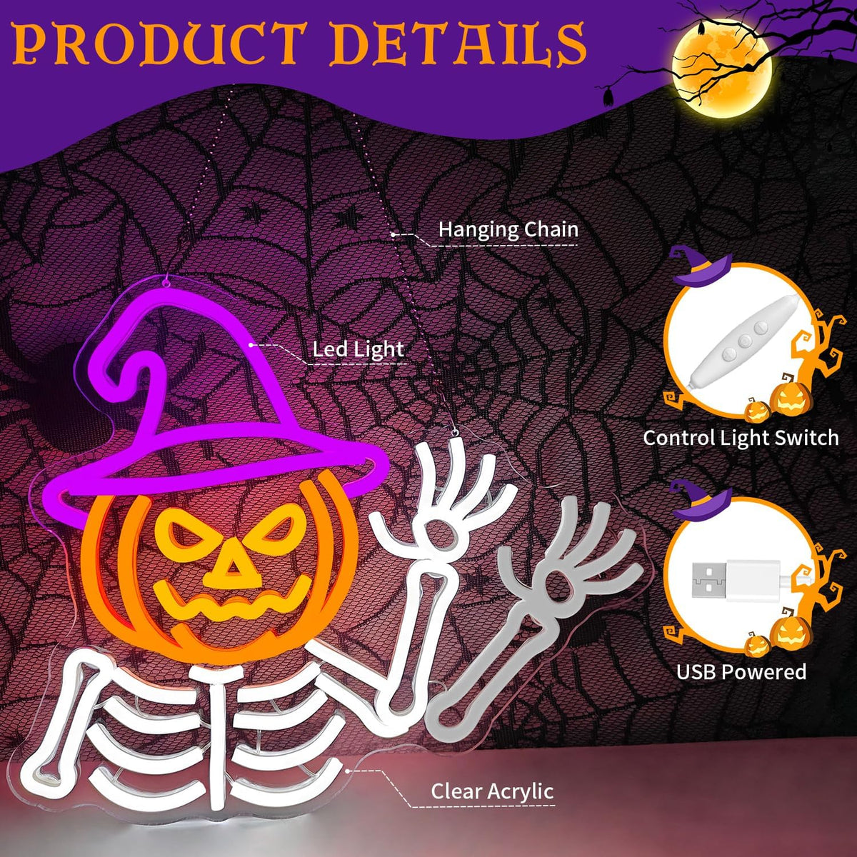 Waving Skeleton Neon Sign for Halloween Wall Decor USB Dimmable Led Light