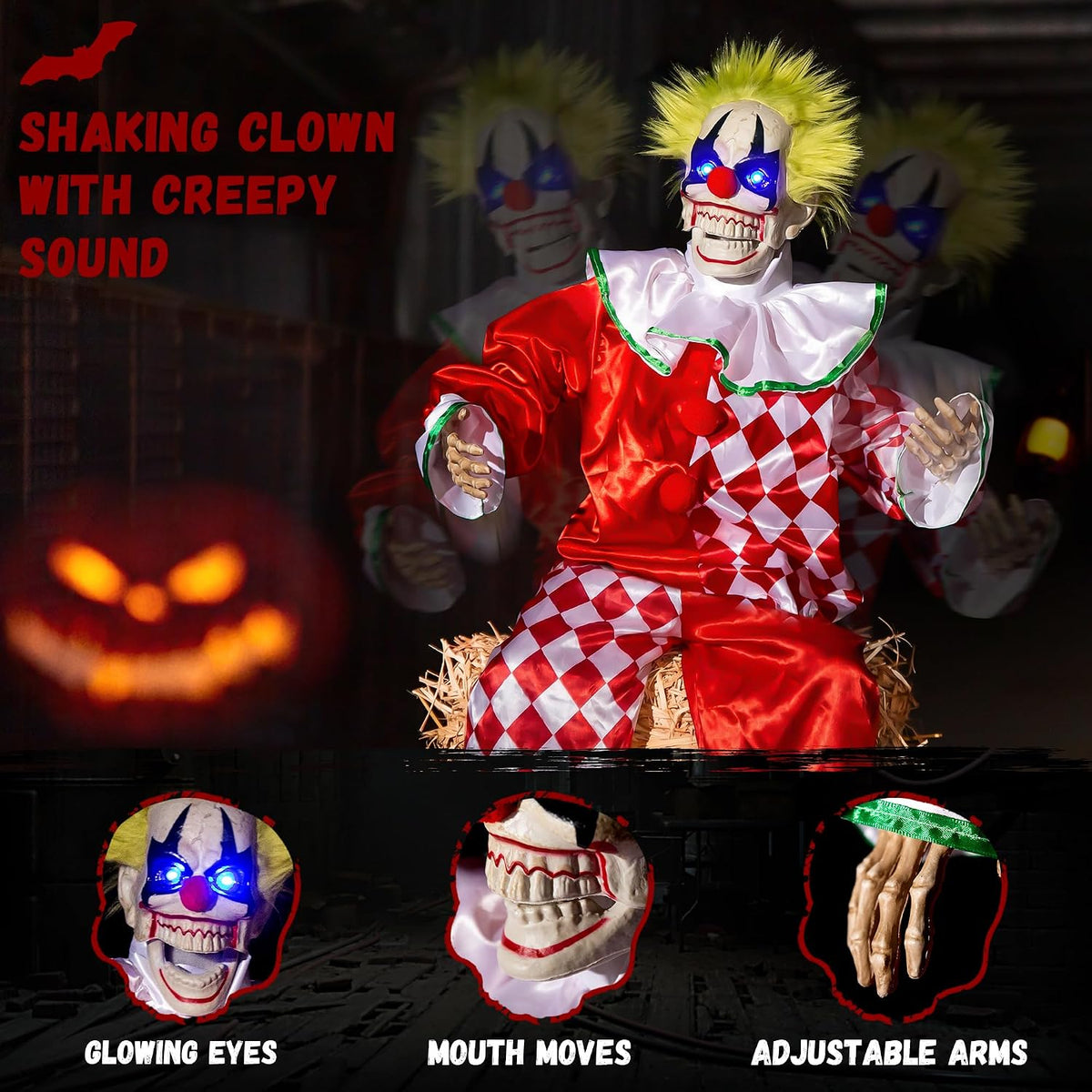 Halloween Animatronic Sitting Clown DecorationโSound Activated Creepy Clown P...