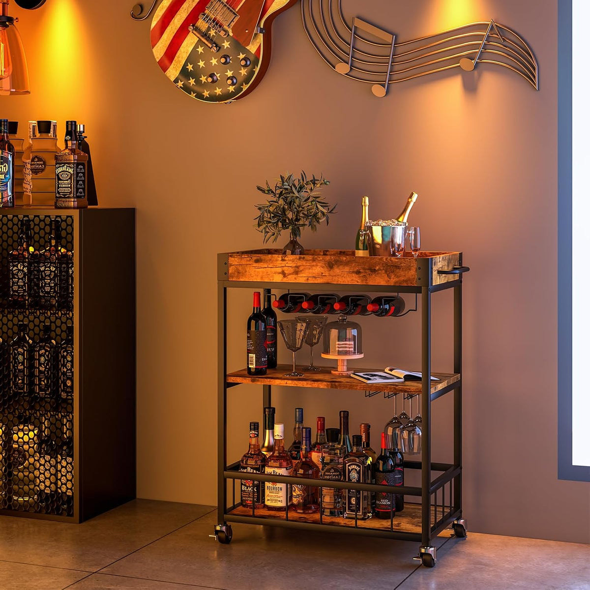 Bar Cart Serving Wine 3 Tier Home Rolling Rack with Wheels Mobile Kitchen Ind...