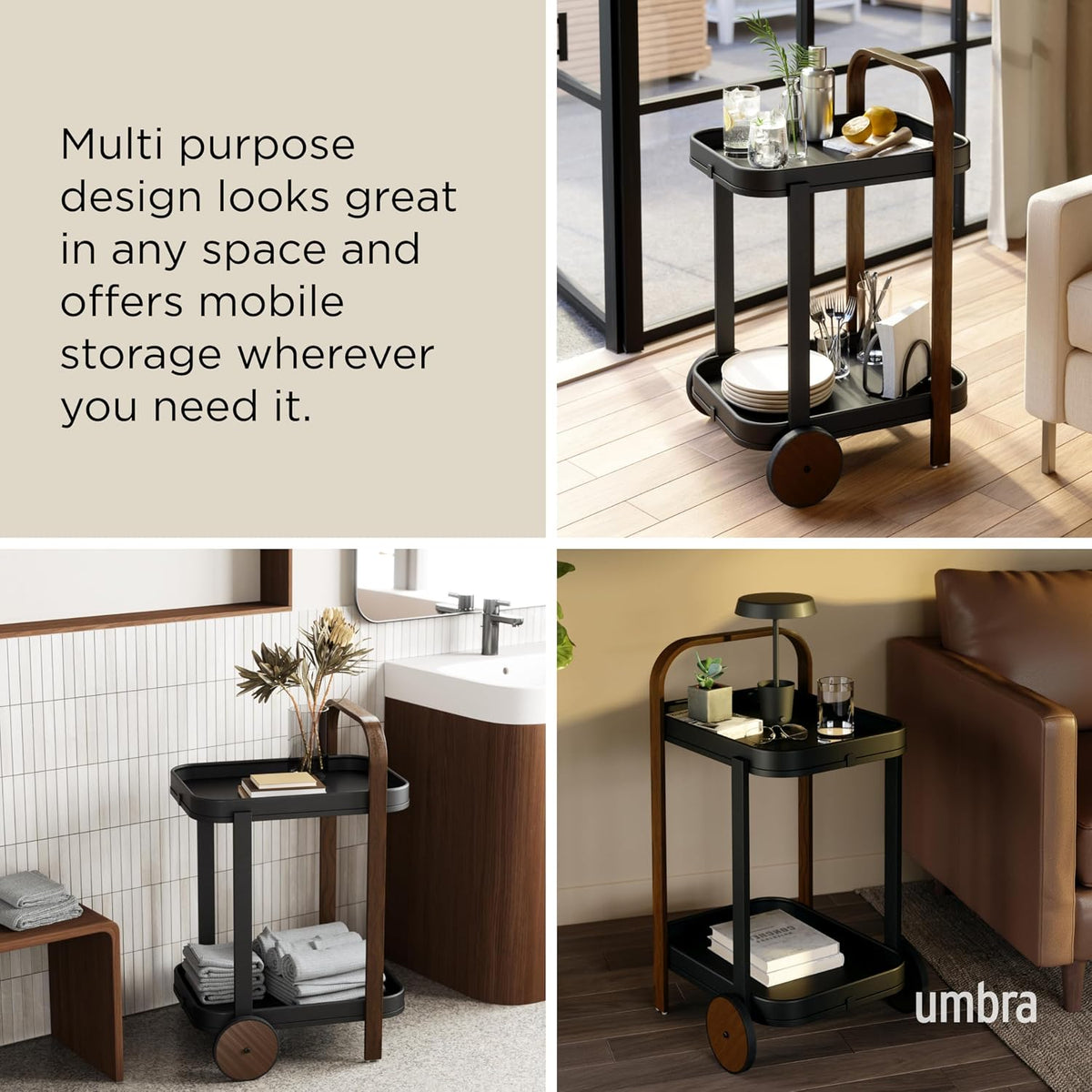 Umbra Bellwood Bar Cart, Rolling 2-Tier Storage Cart, Black/Walnut