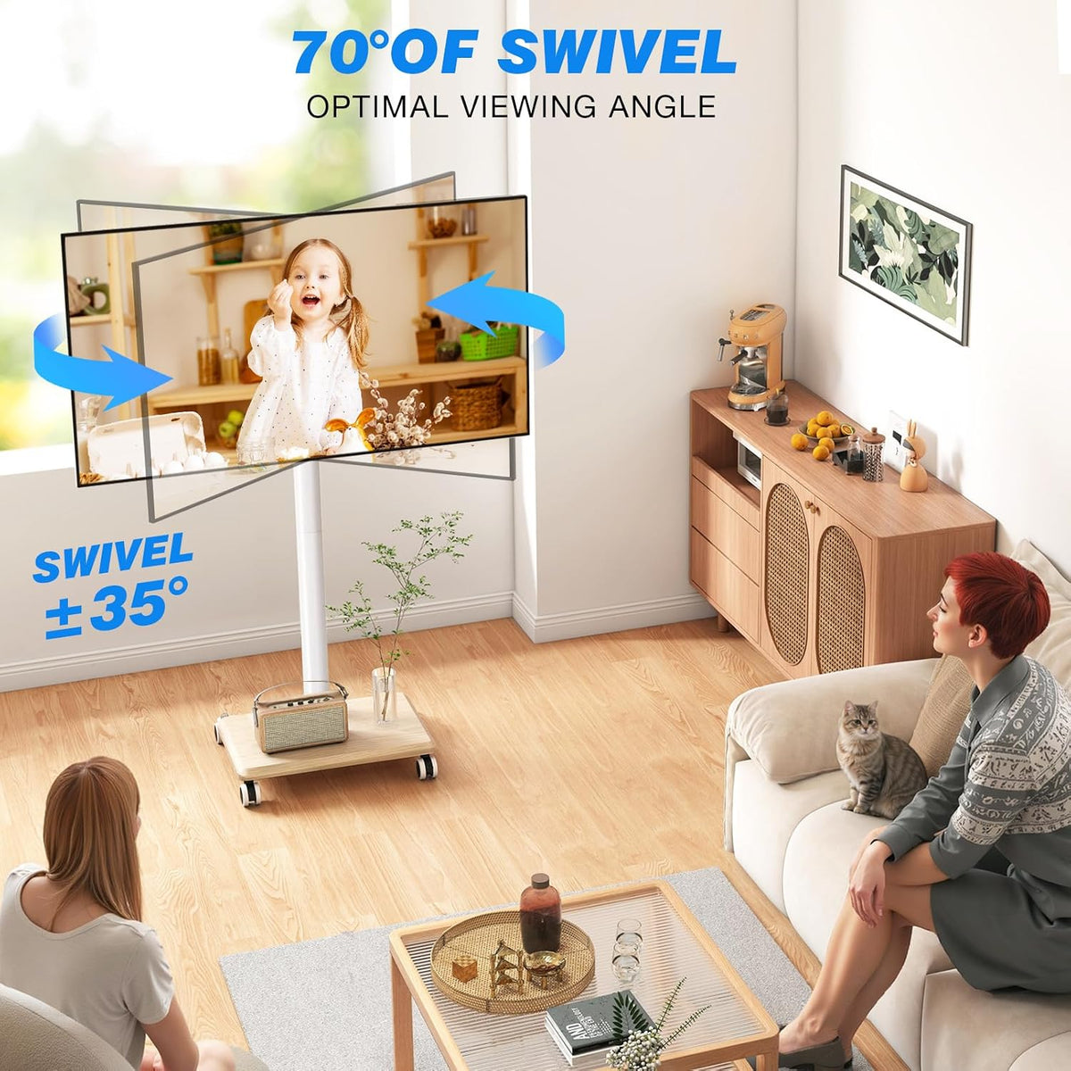Rfiver Rolling TV Stand for 32 to 60 Inch TV up to 88lbs Wood Base White