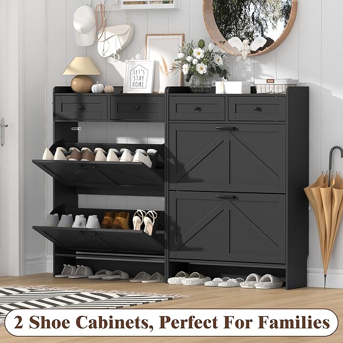 Shoe Cabinet with 2 Flip Drawers & 2 Storage Drawers, Rustic Farmhouse Narrow - Image 9