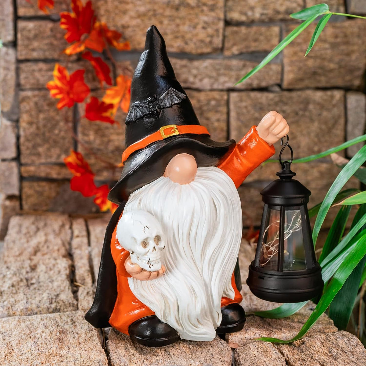 Halloween Gnome Decoration Garden Statues with Skull Solar Gnomes with LED La...