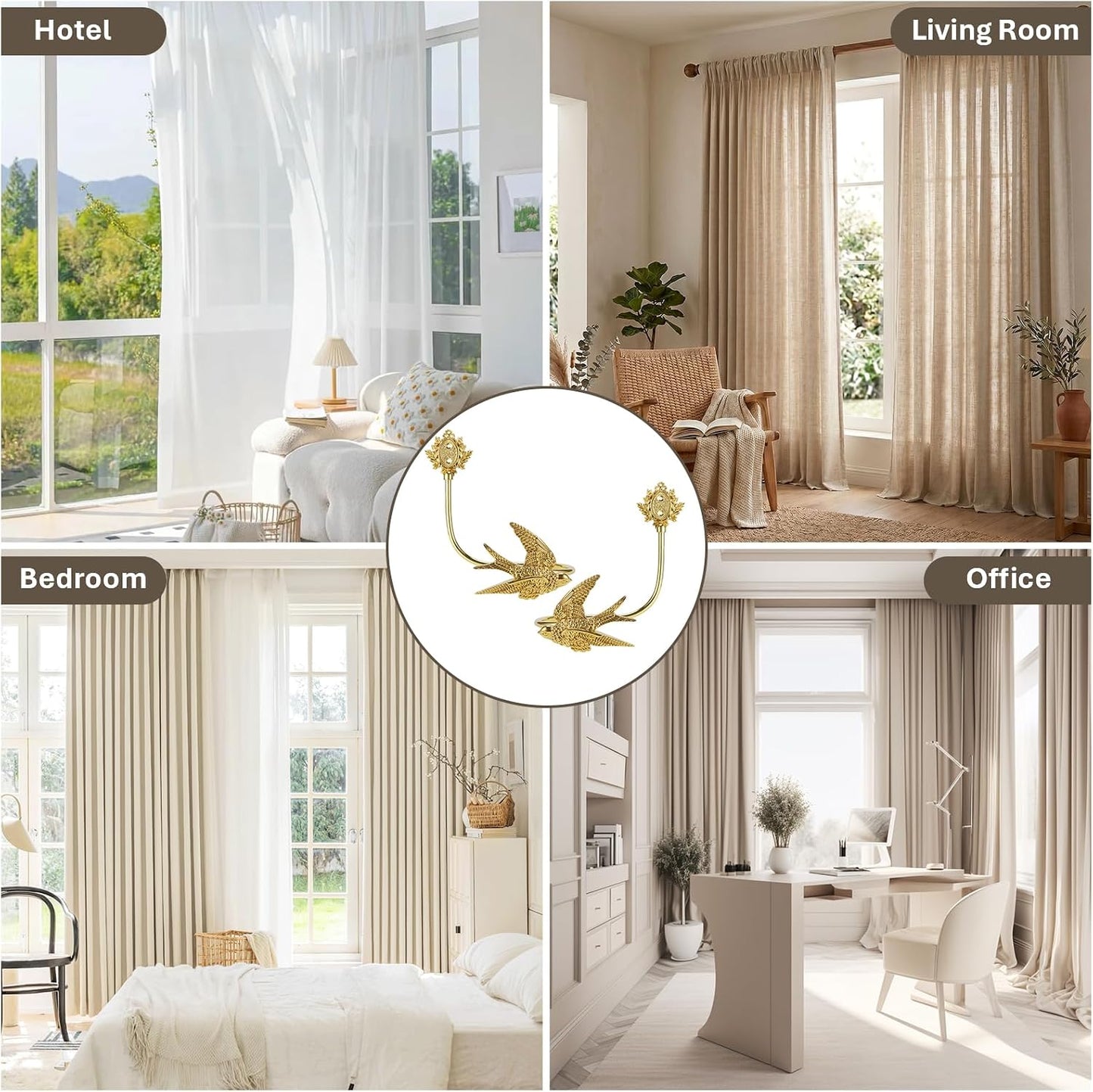 2 Pcs Vintage Heavy Duty Gold Brass Bird Head Curtain Tiebacks, Wall Mounted Handcrafted Animal Sculpture Curtain Holdbacks, Decorative Curtain Hooks for Living Room、 Bedroom and Home Office