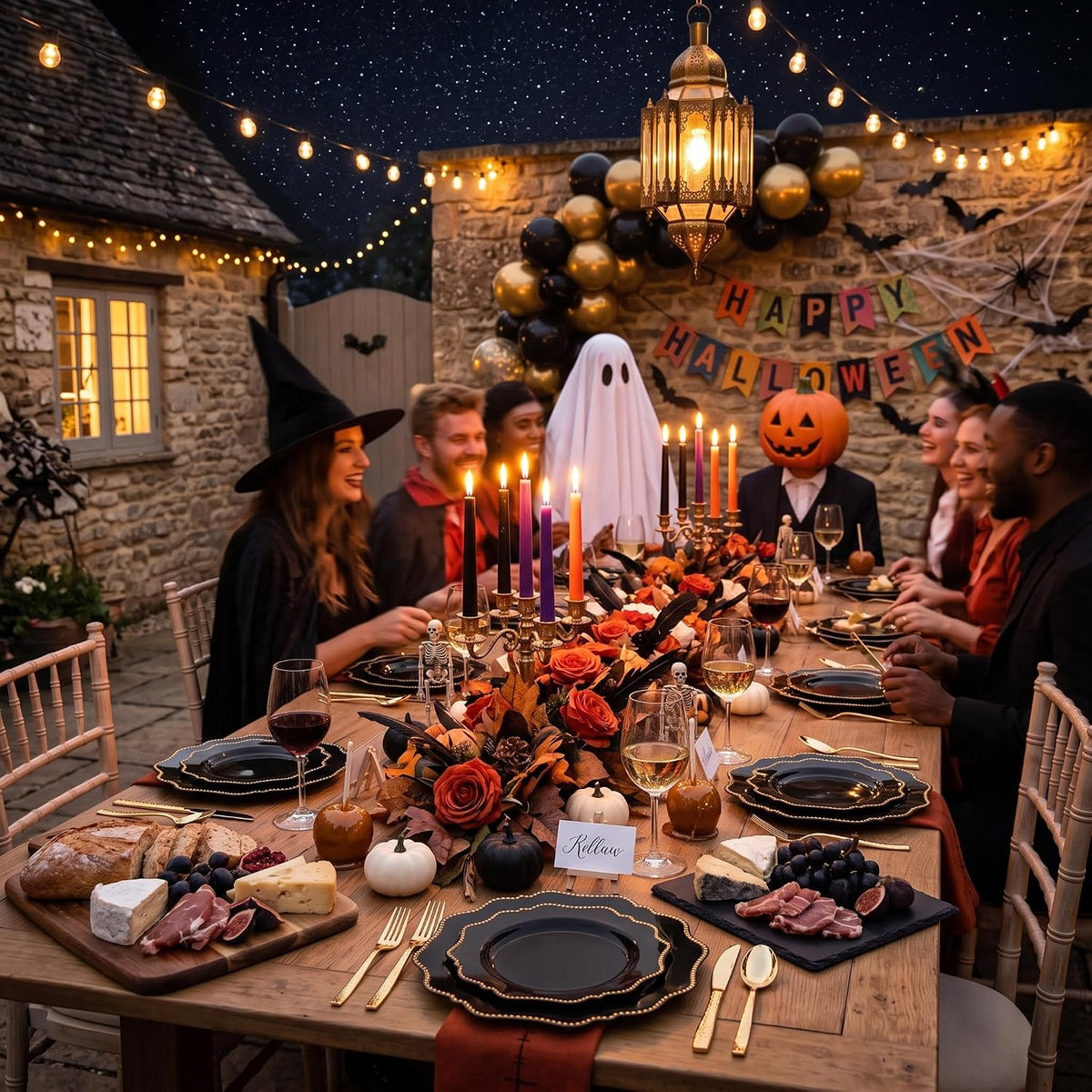COLOSUS 60PCS Black Plastic Plates, Elegant Disposable Plates for Halloween