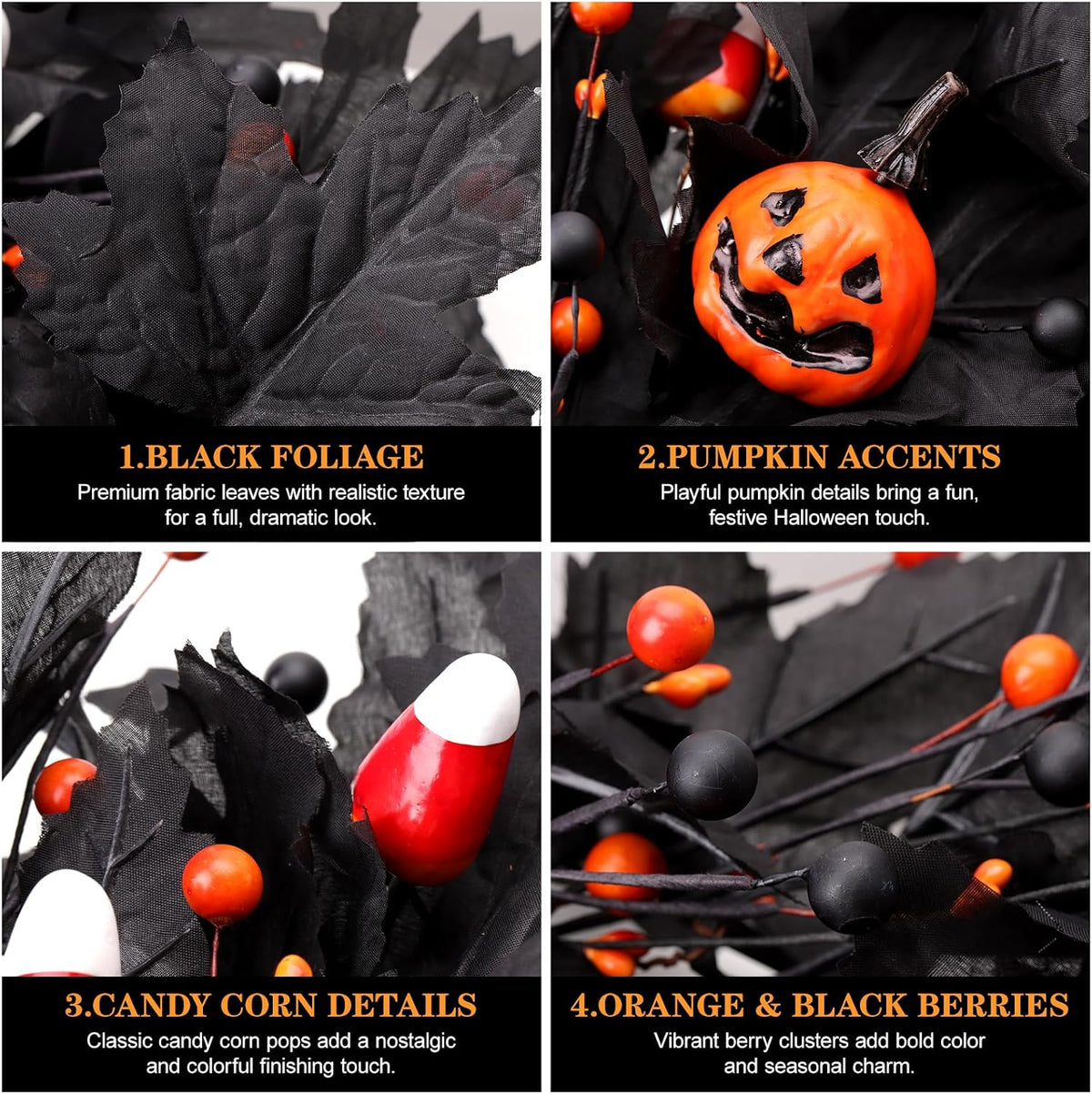 Pumpkin Halloween Wreath 24 Inch Black Maple Leave Wreaths for Front Door wit...