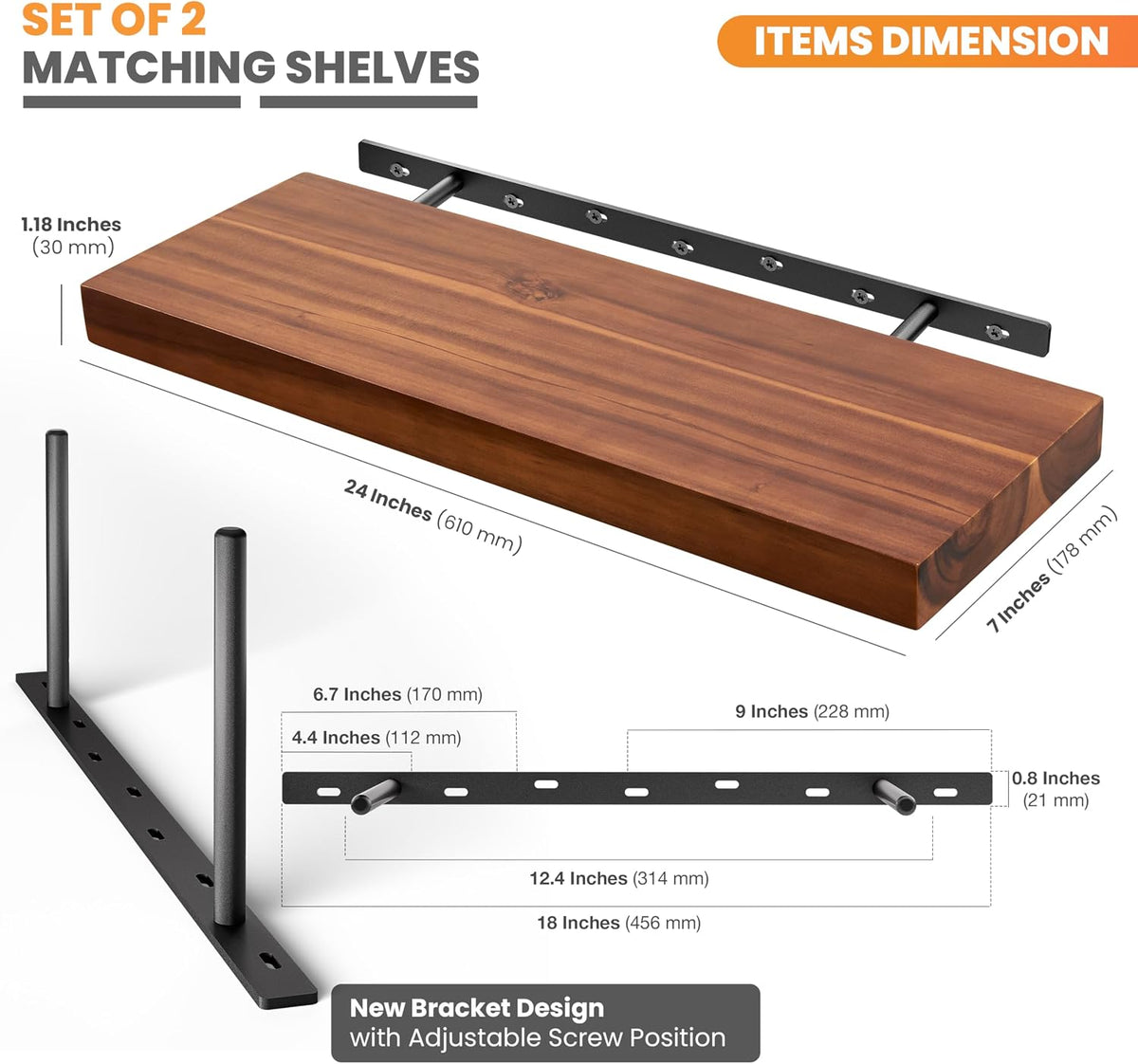BATODA Set of 2 24" Acacia Wood Floating Shelves Wall Mounted โ Rustic F...