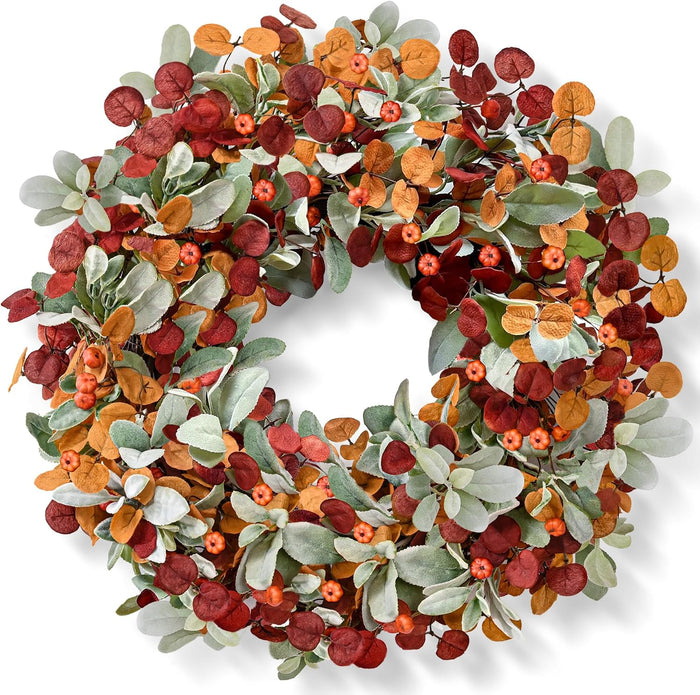 Waipfaru Fall Decor, 26 Inch Fall Wreaths for Front Door, Autumn Door Wreath with Lambs Ears Leave Eucalyptus Leaves Pumpkin Thanksgiving Harvest Halloween Farmhouse Home Outdoor Porch Indoor Decor