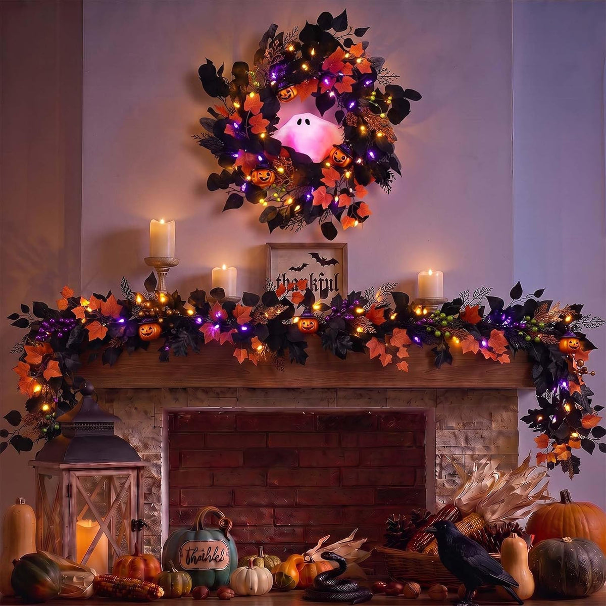 DecorbyHannah 20'' Halloween Wreath for Front Door with Lights Ghost ...