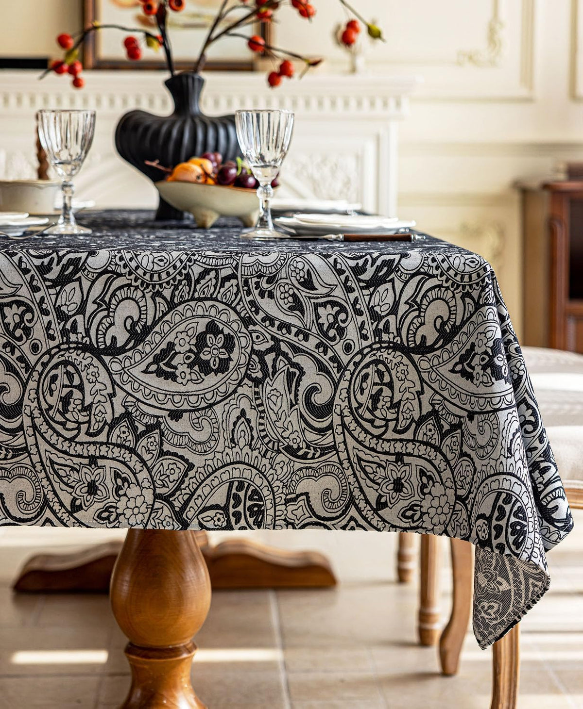 Black Jacquard Floral Tablecloth Rectangle 57”x70”, Waterproof & Wrinkle ...
