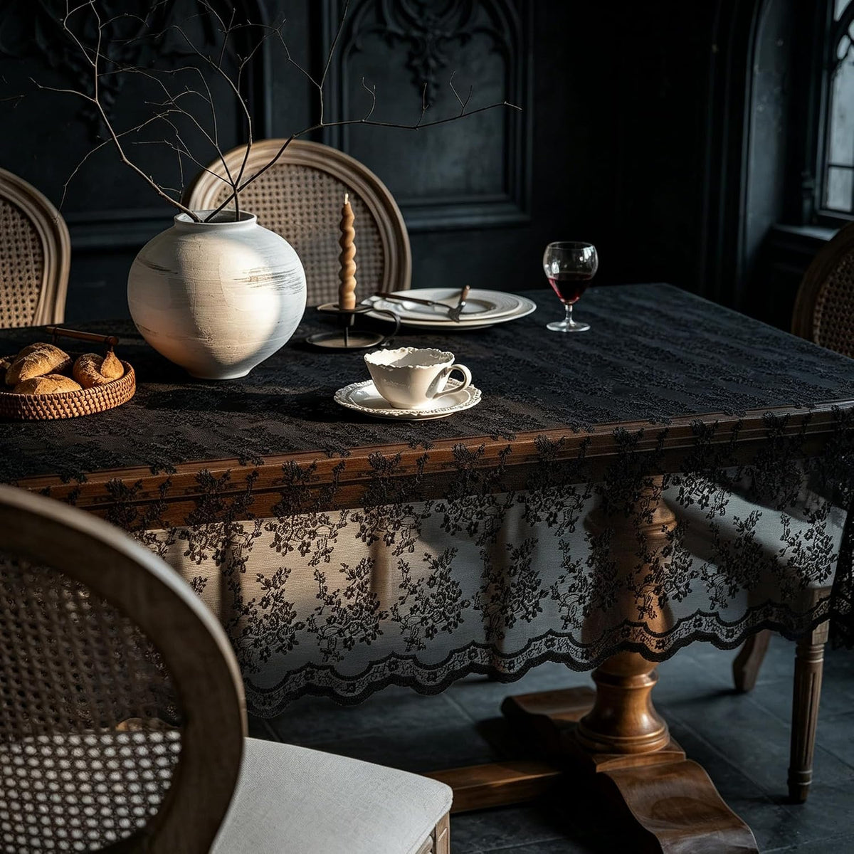 Halloween Black Lace Tablecloth Vintage Embroidered Table Cloth