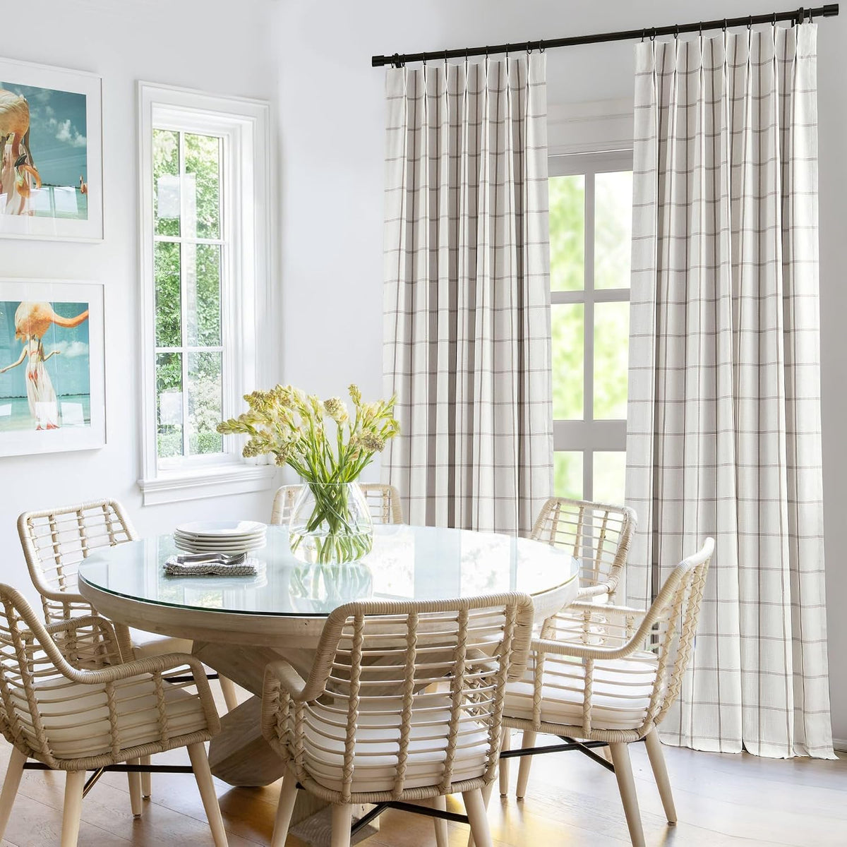 Vision Home Tan Plaid Linen Pinch Pleated Full Tanout Curtains Checkered Thermal Insulated Window Panels 90 inch for Bedroom Living Room Light Blocking Rustic Pleat Drapes with Hooks 40" Wx90 Lx2