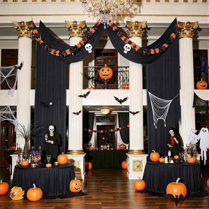 PartyVillage 10ftร15ft Black Backdrop Curtain for Halloween Parties, 2 Panels...