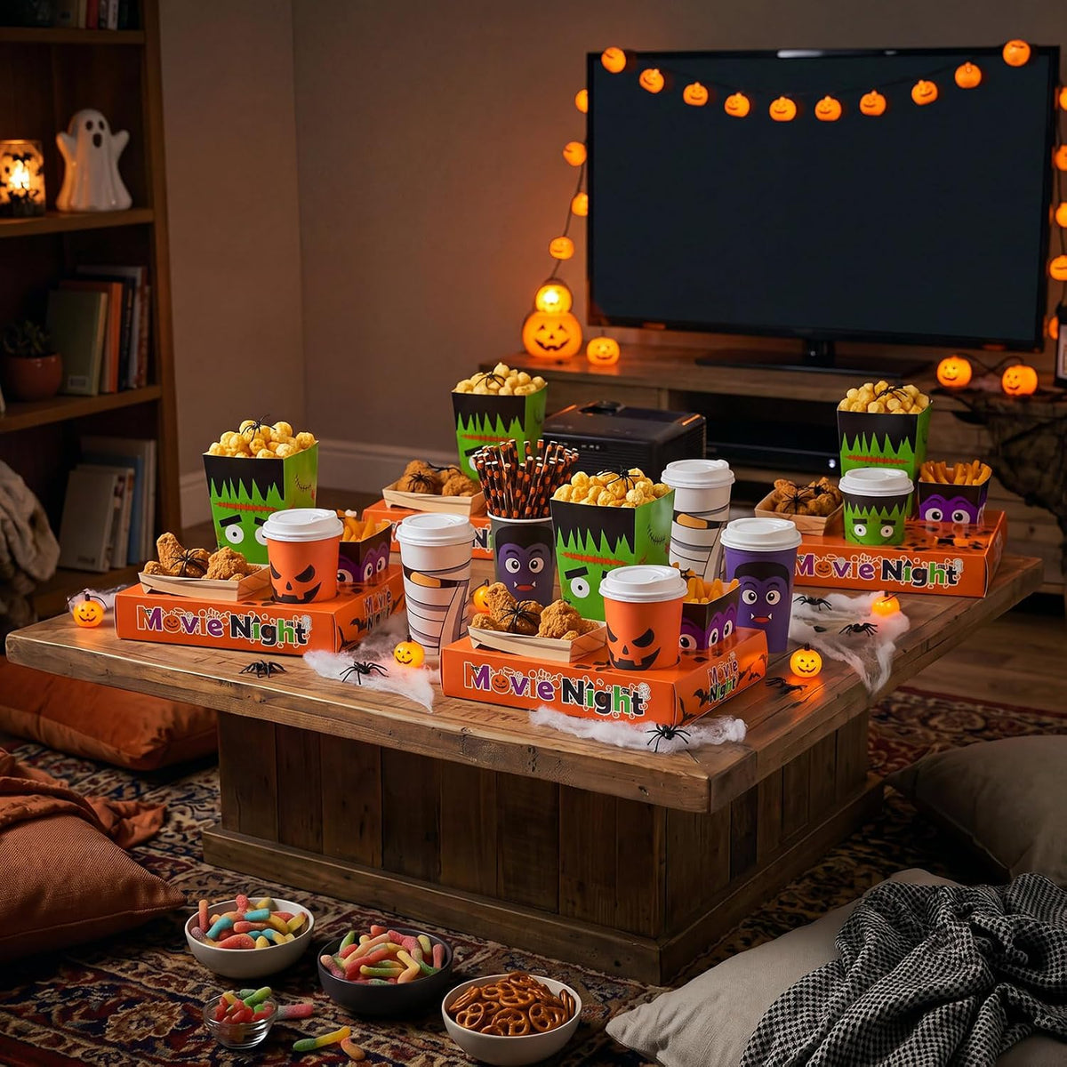 Bokon 172 Pcs/ 24 Sets Halloween Movie Night Snack Trays Supplies