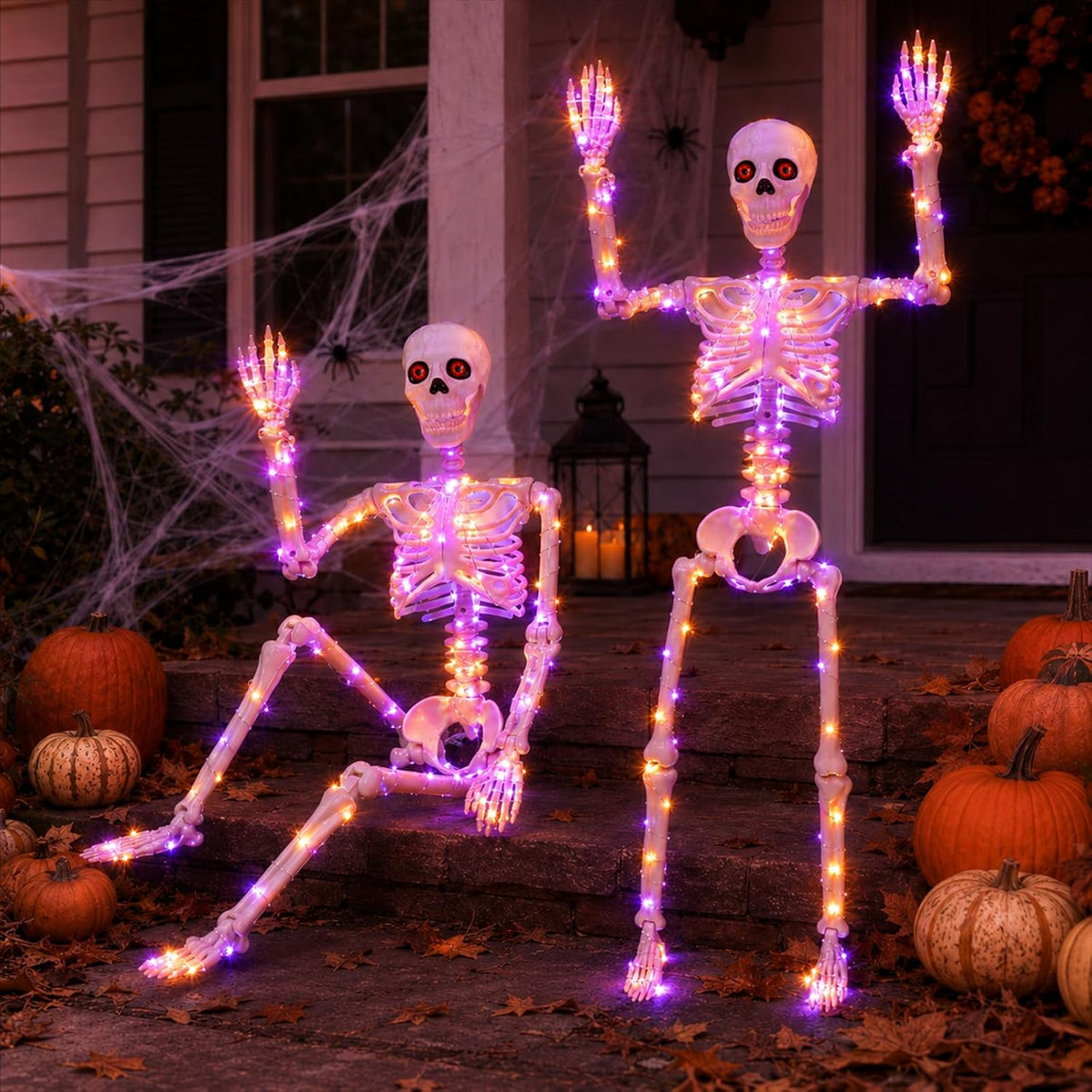 2Pack36 Halloween Skeleton Decoration with Orange&Purple Light
