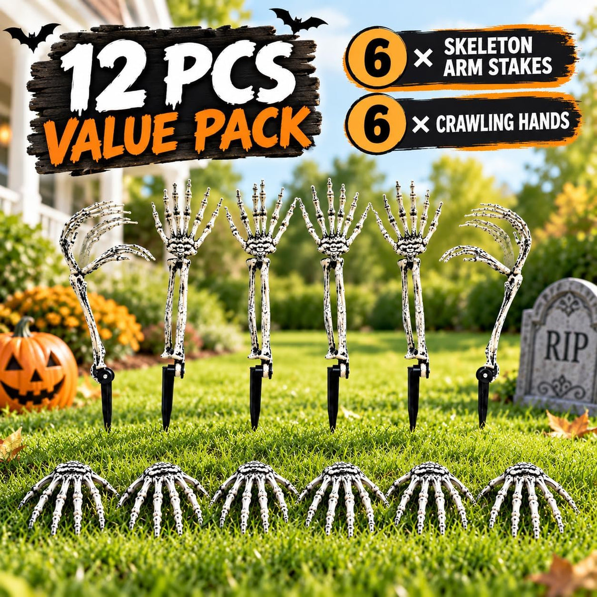 12 Pack Halloween Decorations Outdoor Skeleton Hands and Arms Yard Stakes, Re...