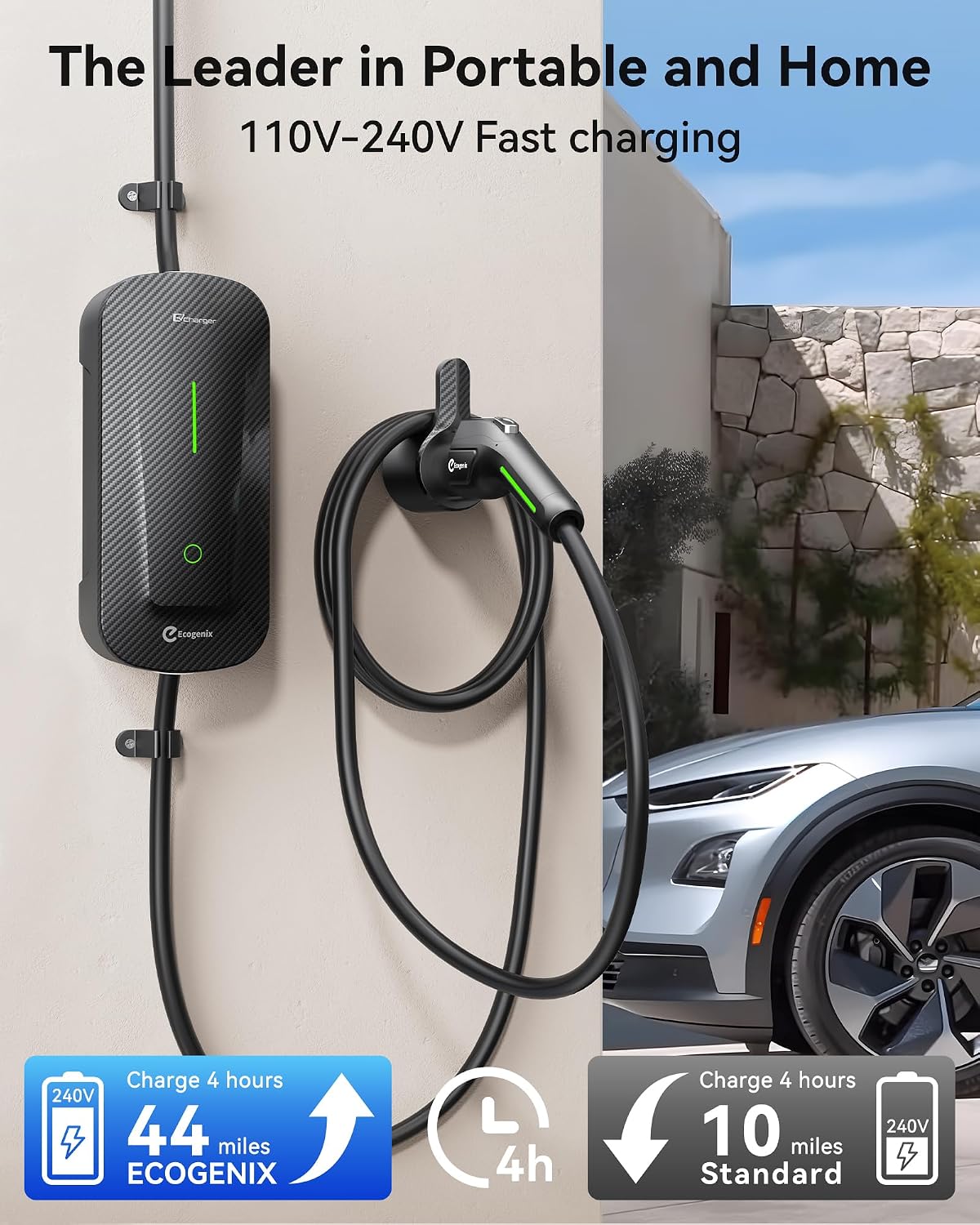 Ecogenix Level 1/2 EV Charger with Holder, 16A 25ft Cable Portable Mobile J17...