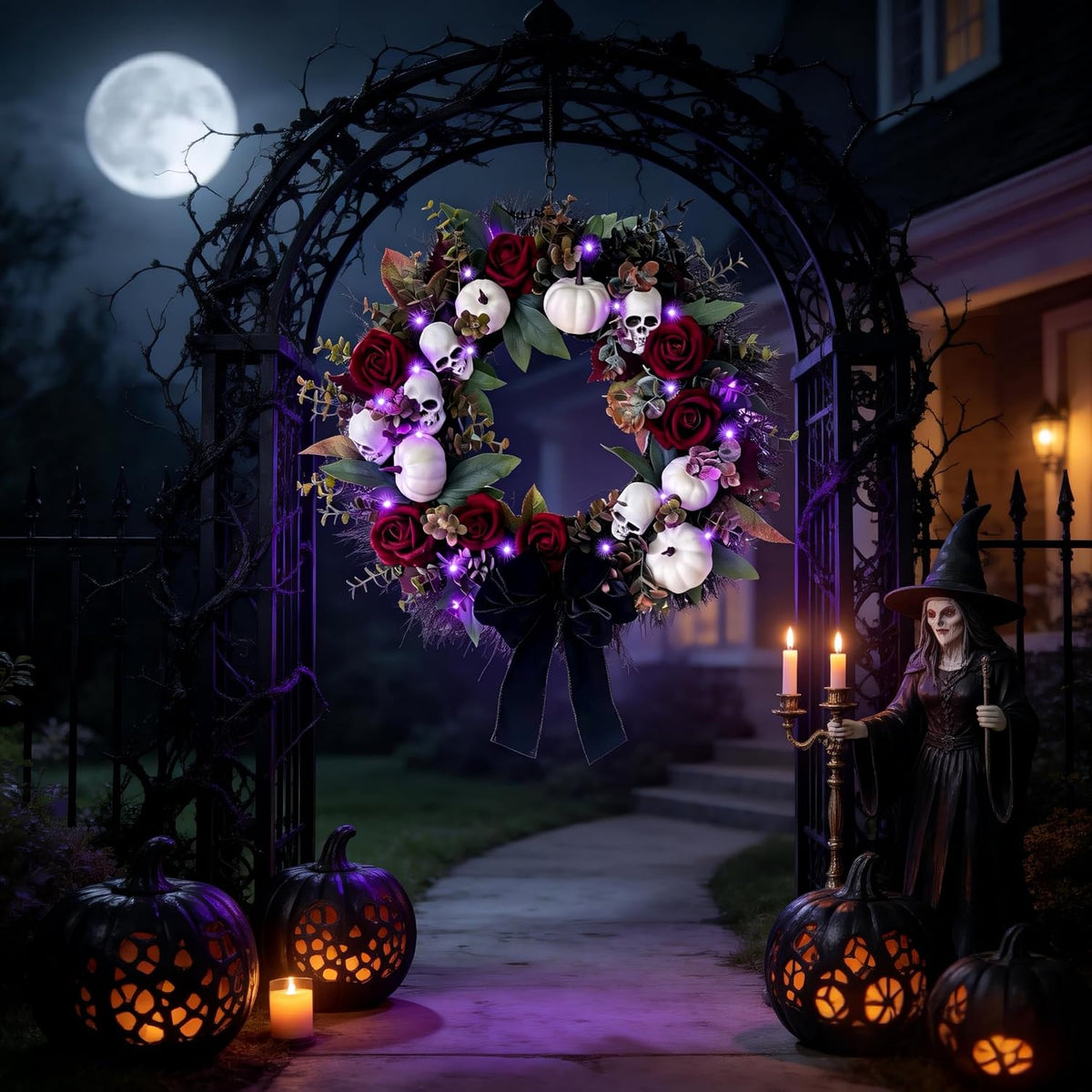 HipTree 20 Inch Gothic Halloween Wreath for Front Door with Purple Lights