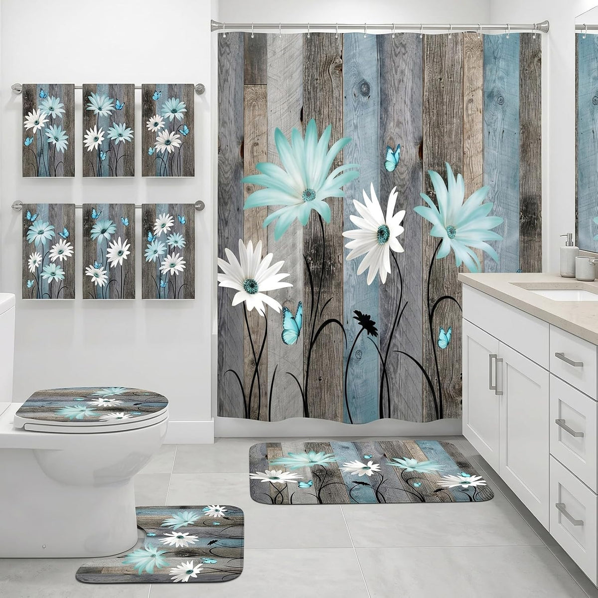 Britimes Bathroom Sets with Shower Curtain and Rugs Set of 10 Teal Wooden
