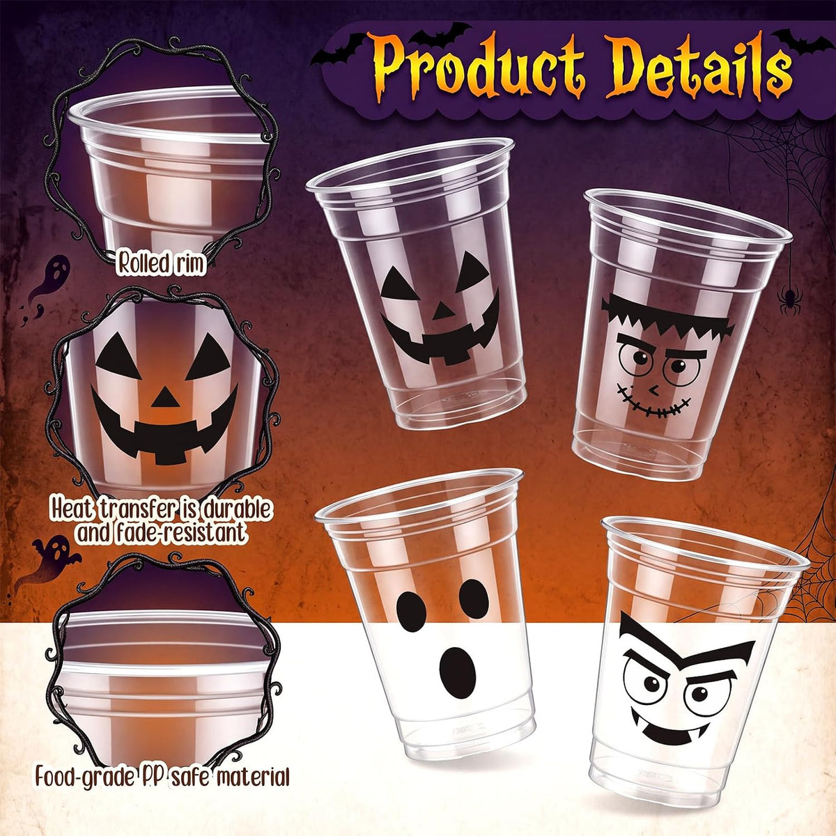 Bokon 100 Pcs 12 oz Halloween Plastic Cups, Cute Spooky