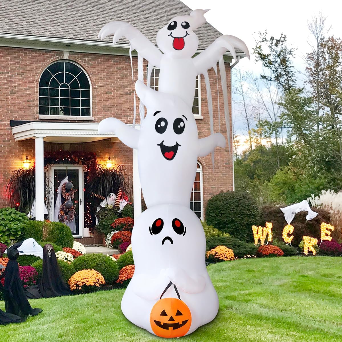 GOOSH 9.8 FT High Halloween Inflatable Overlap Ghost Outdoor Decorations Blow...