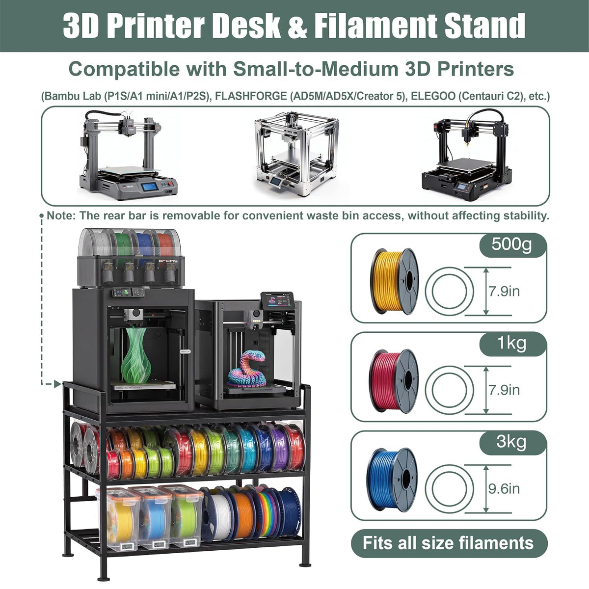 3D Printer Stand with Filament Storage Vibration Elimination Black