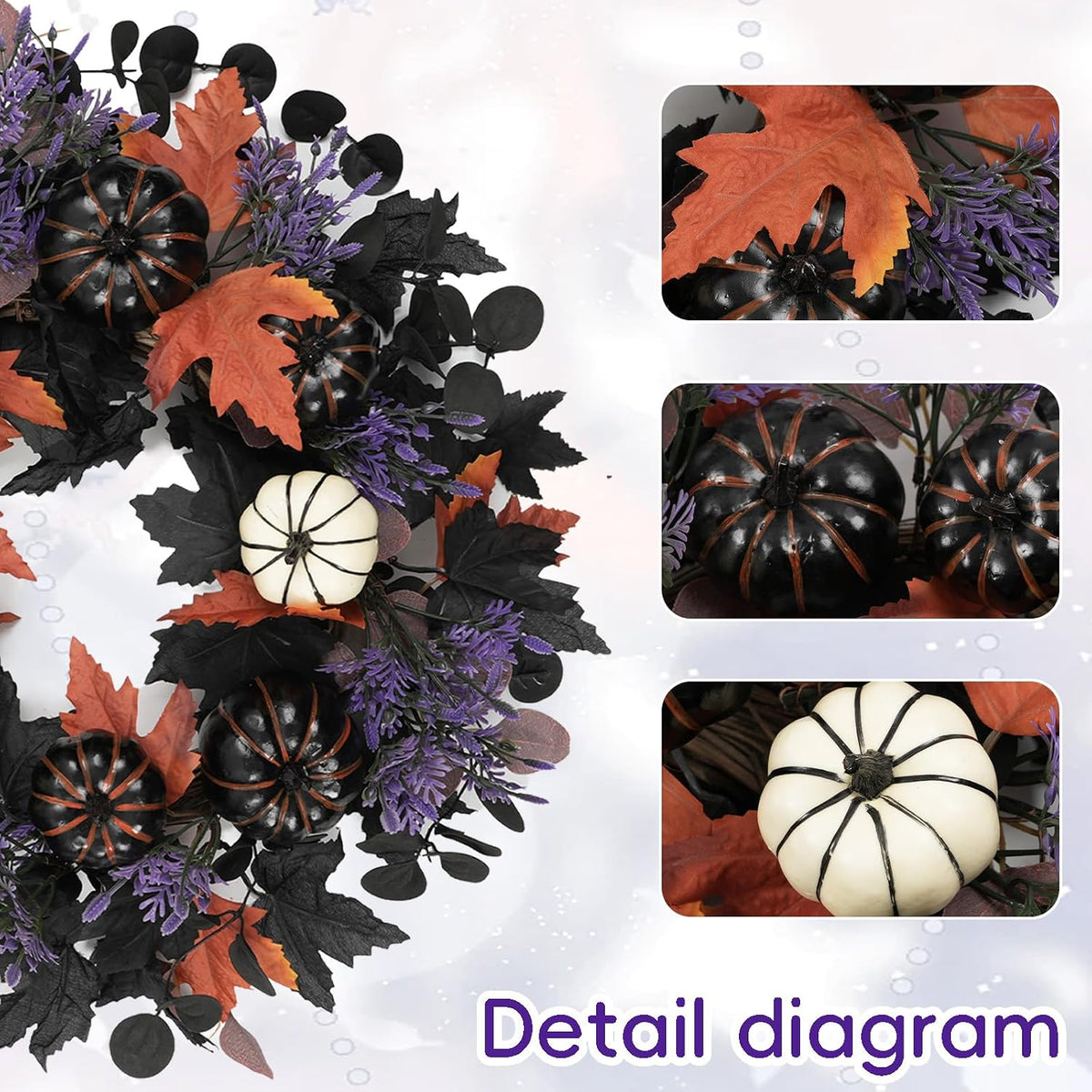 22" Halloween Wreaths for Front Door Black White Pumpkins Fall Wreath