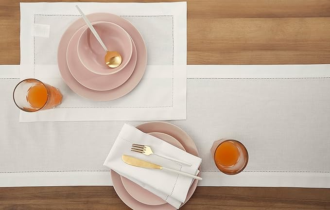 Solino Home White Table Runner 132 Inches Long - Cotton Linen Hemstitch Extra...