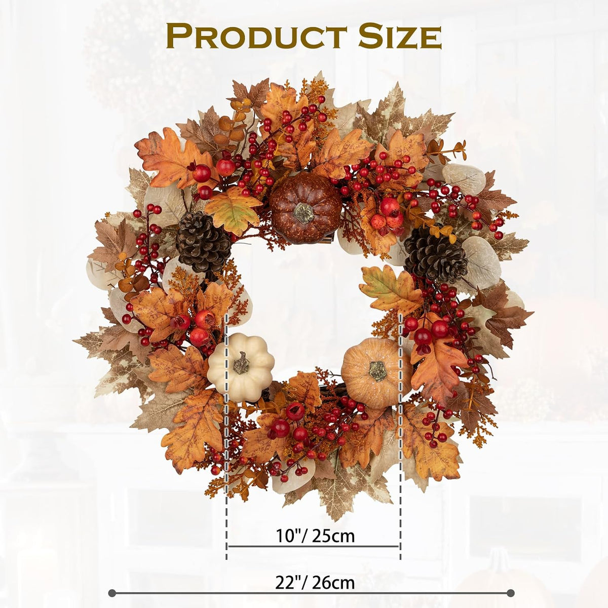 22" Artificial Fall Wreath for Front Door Autumn Harvest Wreath with Pum...