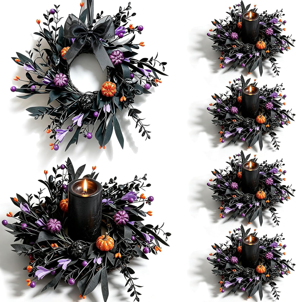 6 Pcs Halloween Mini Candle Ring Wreaths for Cabinets Small Pillar Candle Hol...