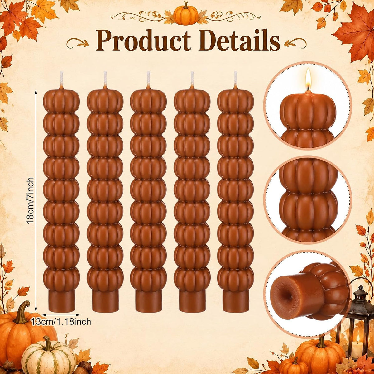 Conelist 5 Pcs Pumpkin Taper Candles Autumn Halloween Gifts, Warm Brown