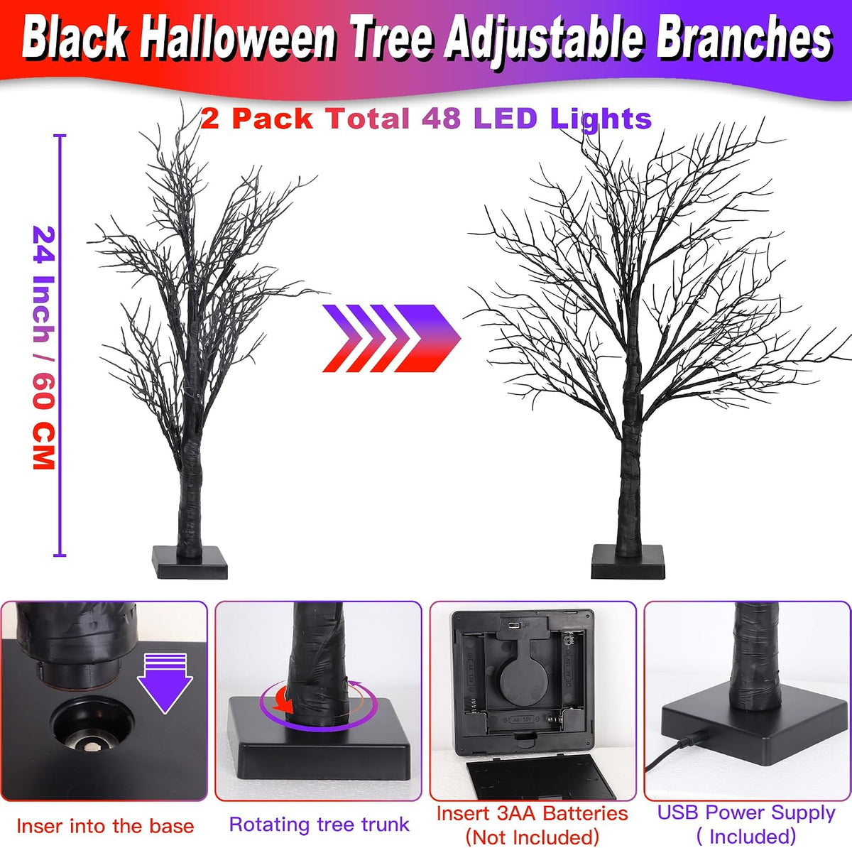 Halloween Decorations Indoor 2 Pack 24 Inch Black Halloween Tree with 48 Oran...