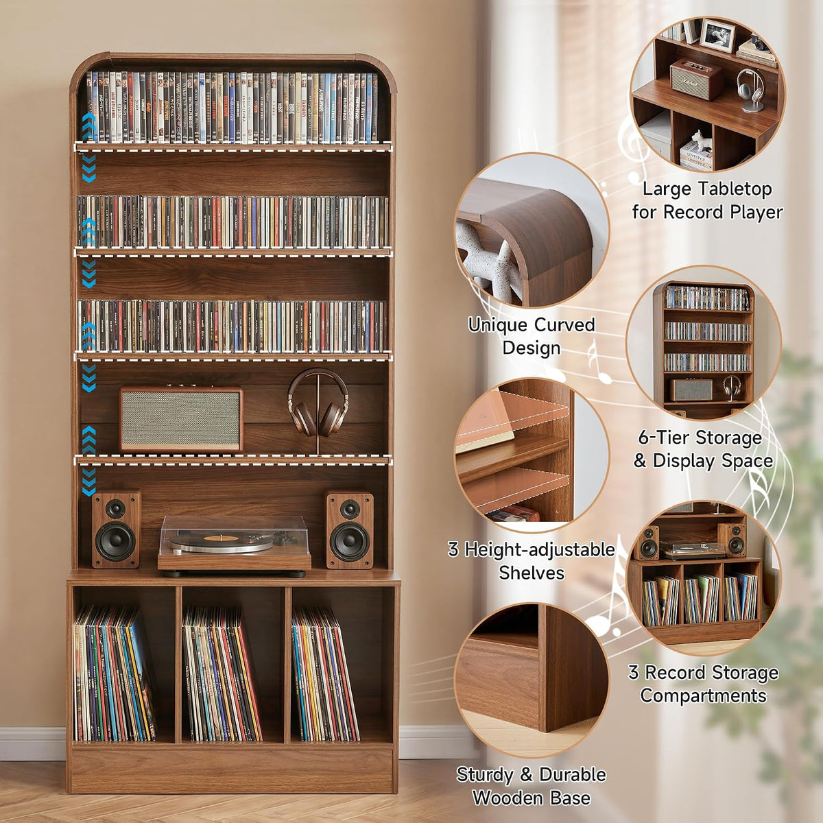 RARZOE 71" Tall Record Player Stand with Vinyl Storage, Walnut