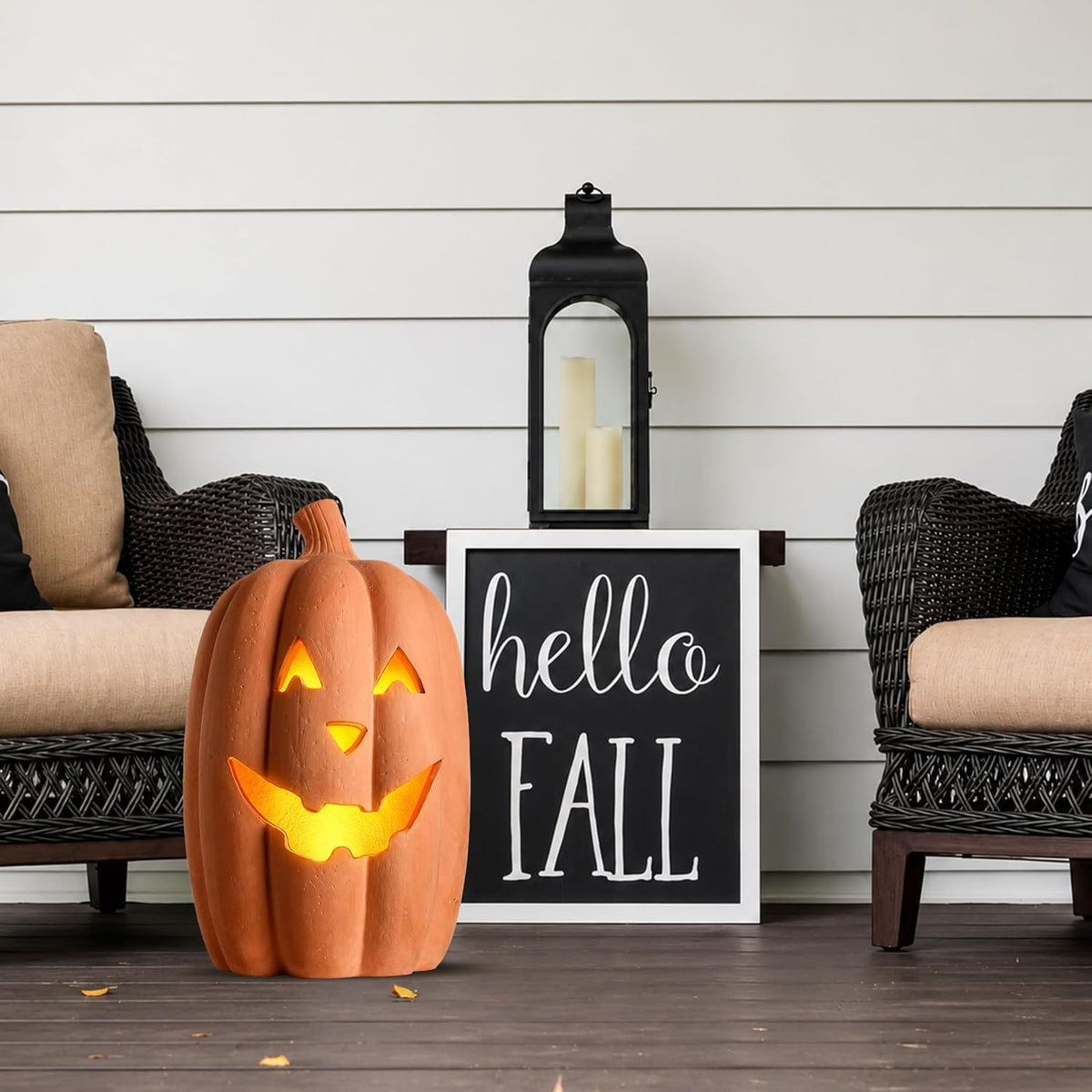 Halloween Lighted Terracotta Jack O Lantern Pumpkin 15 Inch Decor (Large)