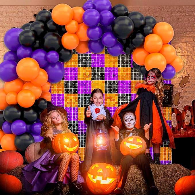 24PCS Black Orange Purple Shimmer Wall Backdrop, Halloween Square Sequin Phot...