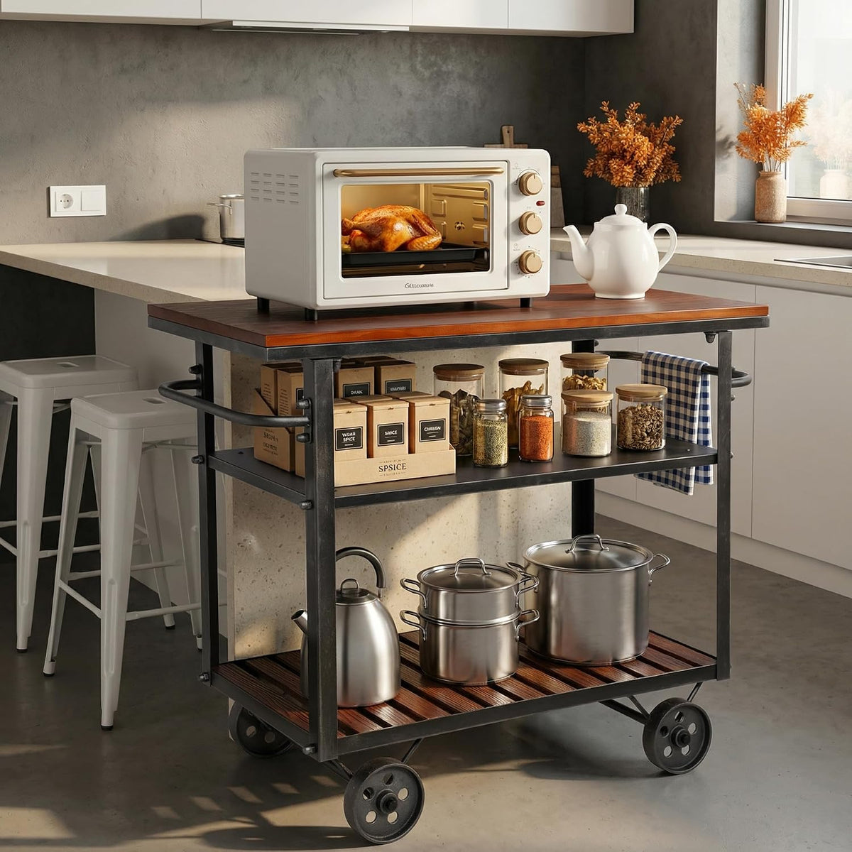 Vintage Rolling Bar Cart on Wheels Industrial Mobile Serving Cart Metal and W...