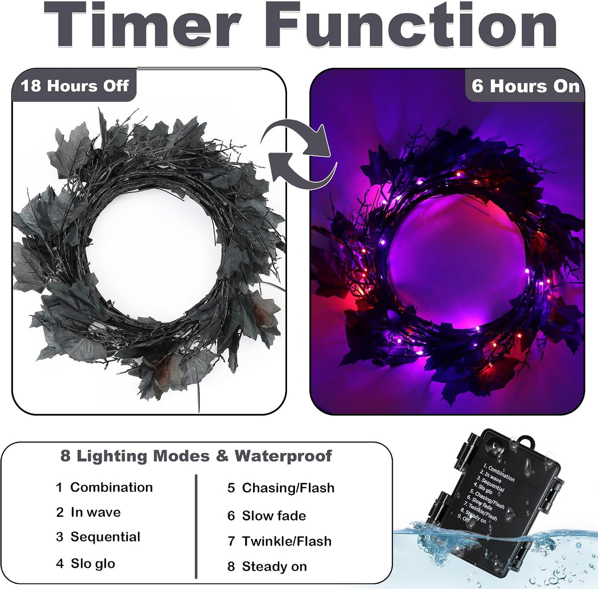 9 FT 72 LED Willow Vine Twig Decor Black Halloween Garland with Orange & ...