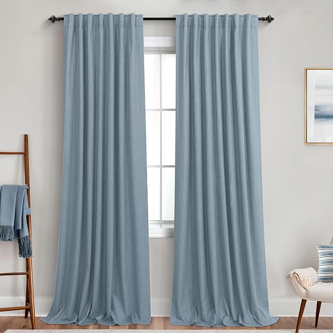 KOUFALL 90 Inch Stone Blue Linen Blackout Curtains, Thermal Insulated Blue Grey - Image 9