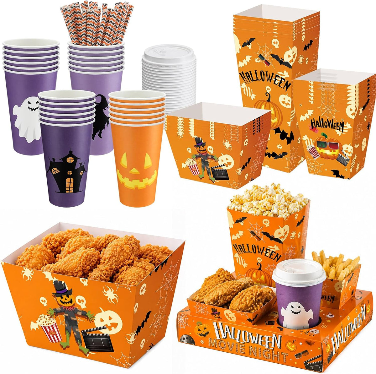 Bokon 172 Pcs/ 24 Sets Halloween Movie Night Snack Trays Supplies