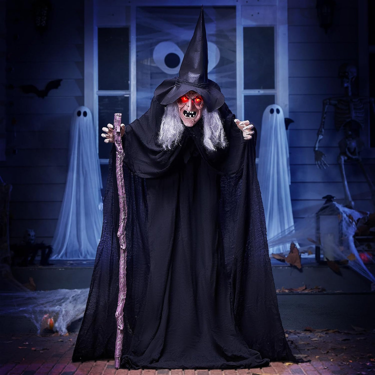 JOYIN Outdoor Halloween Decorations Animatronics Witch with Cane, Life Size A...