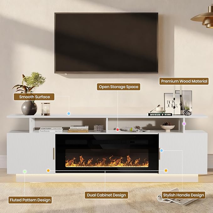 70” Fluted TV Stand with 36” Electric Fireplace, 2 Tier TV Console Cabinet with - Image 8