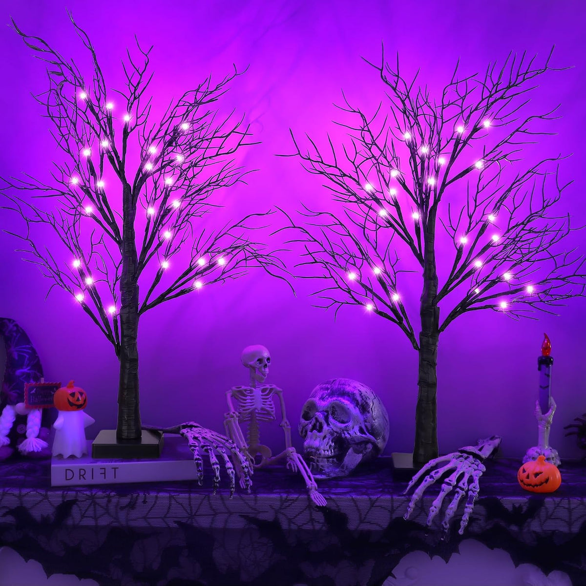 Halloween Decorations Indoor 2 Pack 24 Inch Black Spooky Tree with 48 Purple ...