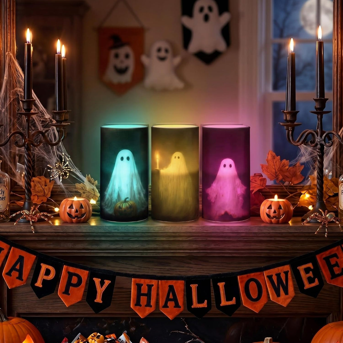 Woanger 3 Pcs Halloween LED Flameless Candles Ghost Flickering Fake Candles