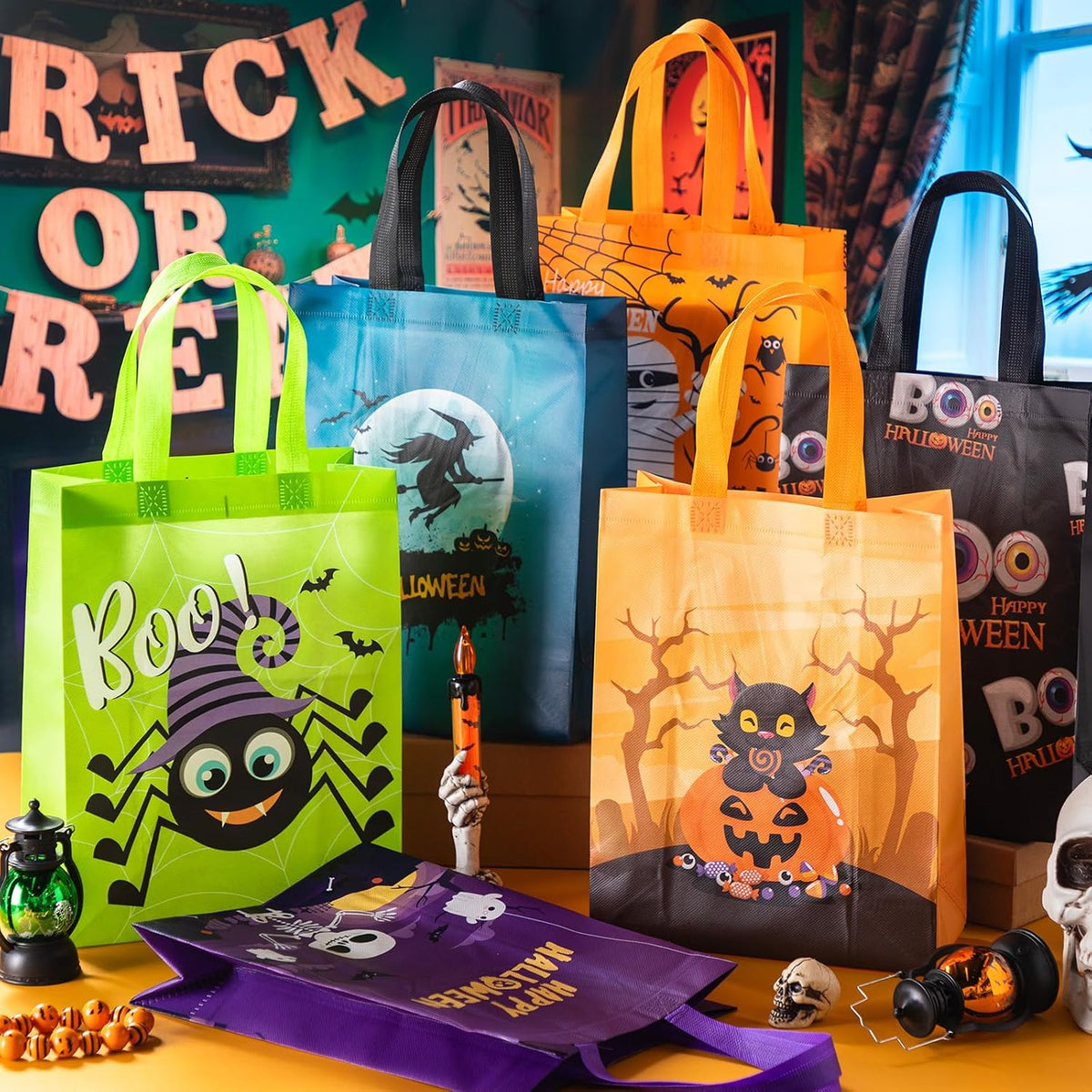 Sweetude 60 Pcs Halloween Tote Bags Bulk with Handles, Reusable